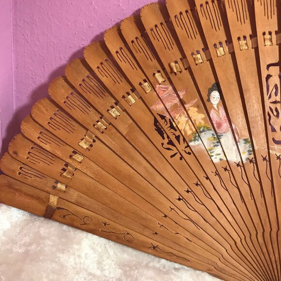 Vintage Brown Hand-Painted Japanese Fan Woman Sitting Cutout Home Decor GUC Gift - Picture 5 of 8